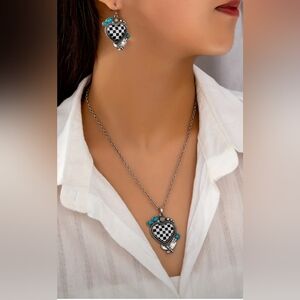 2/$40 Silver and Blue Heart‎ Pendant Necklace and Earrings Set-(#0264)